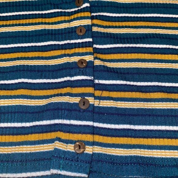 FREE PEOPLE Striped Button Up Cropped Long Sleeve Tee Turquoise Yellow White XS - Picture 4 of 6